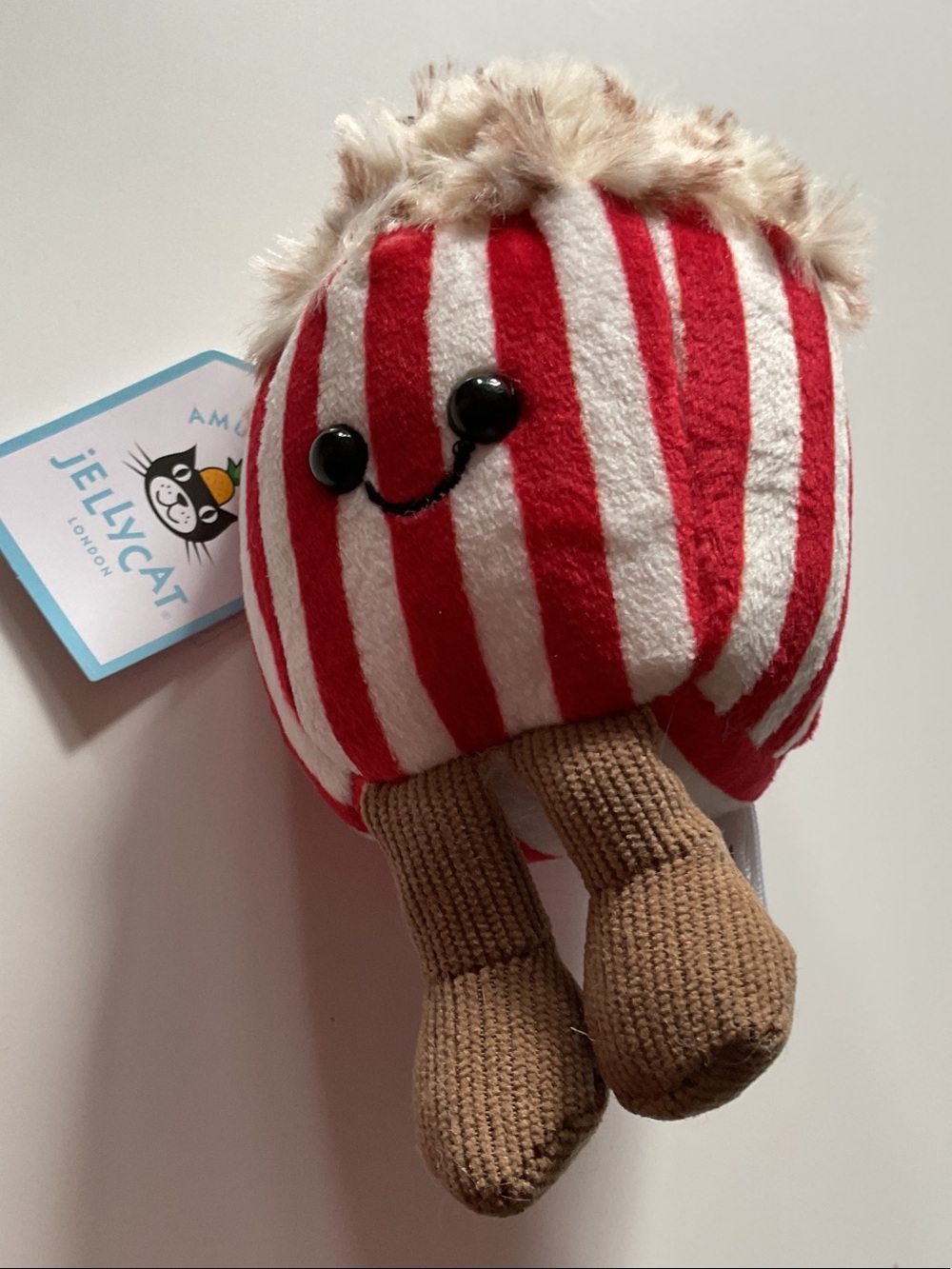 Jellycat Red & White Striped Plush Popcorn Character with Brown Legs